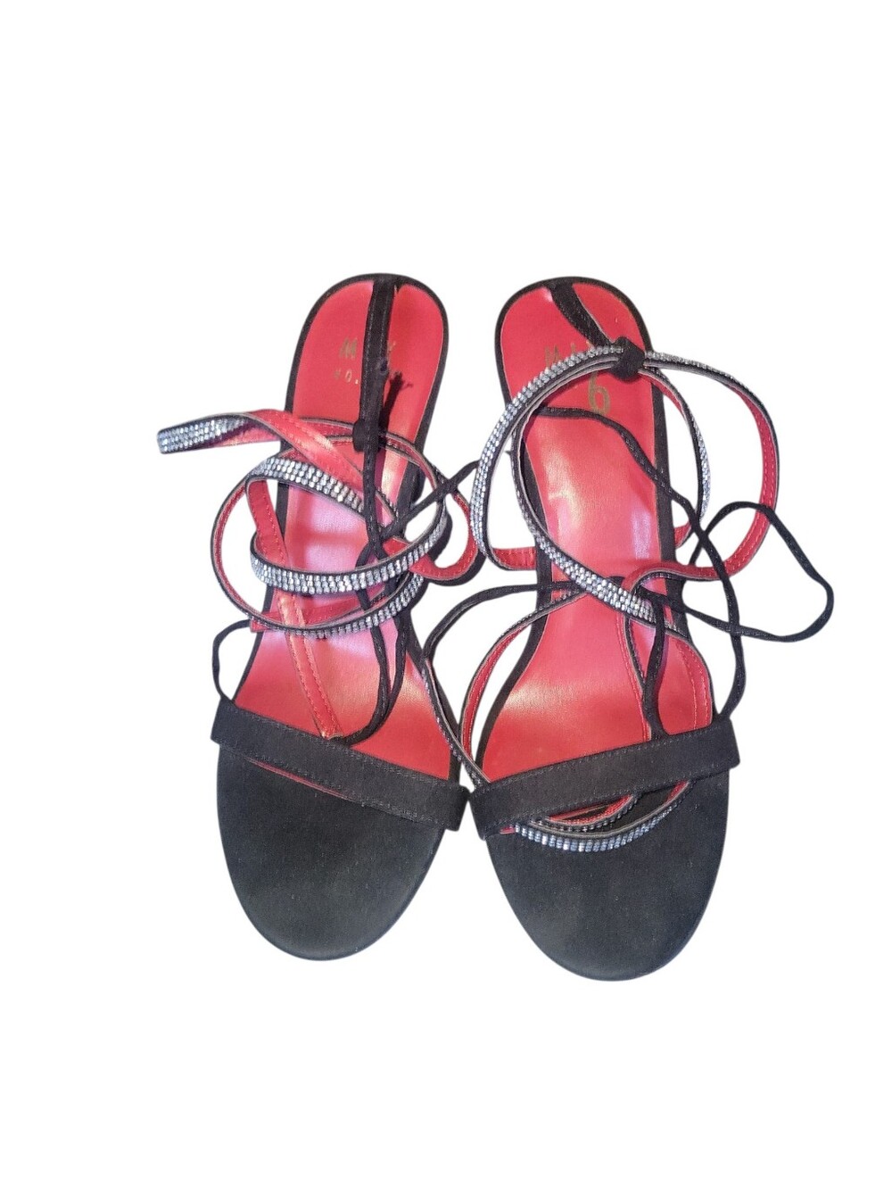 Mix No. 6 Strappy Black Lace Up Women's Silver Embellish Rhinestone Detail Heels
